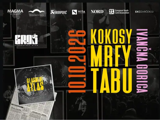 Plakat: Glasbeni Atlas 2026: Kokosy, Tabu in MRFY
